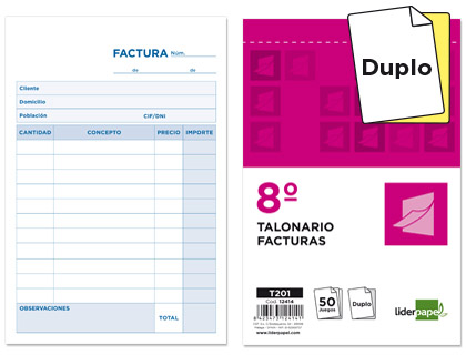 Talonario Liderpapel Facturas 8º natural 50 juegos duplicado sin iVA